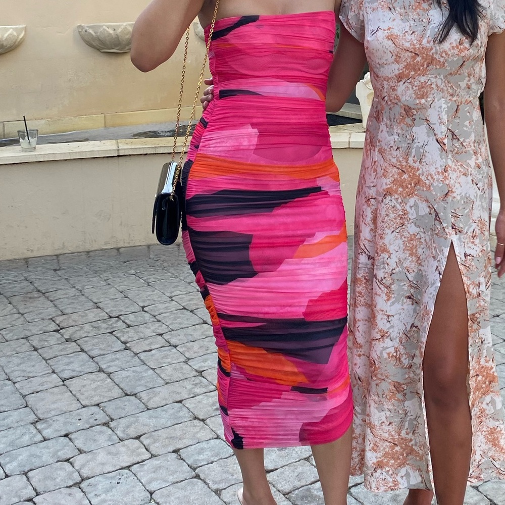 House of CB Sasha Strapless Dress - Multicolor Pink / Black / Orange